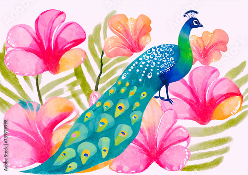 tropical art peacock  and flower