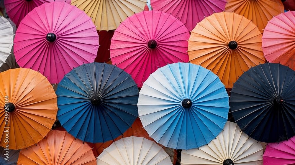 Colorful parasols, traditional Thai umbrella decorations, add vibrancy and cultural charm to various settings, reflecting the rich heritage and artistic craftsmanship of Thailand.

