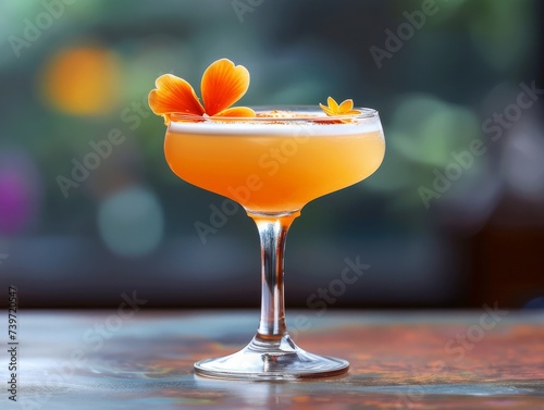 A vibrant tropical cocktail garnished with orange flowers, served in an elegant glass on a bar counter, inviting a taste of summer.