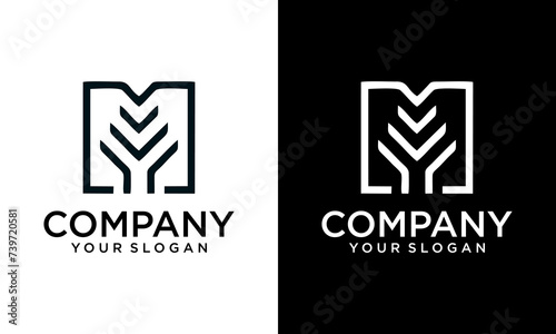 Creative linear Letter M Pine Tree Logo Design Vector Icon Graphic Emblem Illustration. letter m with tree logo icon design vector design template inspiration
