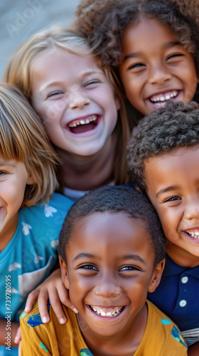 Group of young children Two boys and three girls of different nationalities were smiling and having fun.