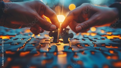 Two hands connecting puzzle pieces together, with warm backlighting, symbolizing collaboration, teamwork, and problem-solving.