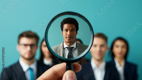 A magnifying glass singles out a focused professional among a blurred team, symbolizing leadership and individual attention.