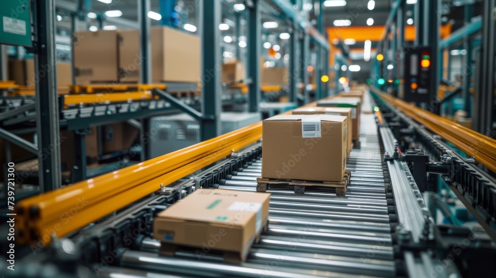 A modern warehouse showcasing an automated logistics system with parcels on conveyor belts, representing efficiency in distribution.