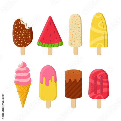 Ice Cream Cartoon Set. Vector Summer Cold Sweet Collection. Cute Colorful Flavored Ice. Watermelon, Chocolate, Vanilla Ice-lolly.