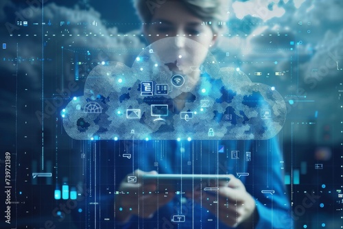 A businesswoman interacts with a futuristic cloud computing interface, reflecting the integration of advanced technology in business operations.