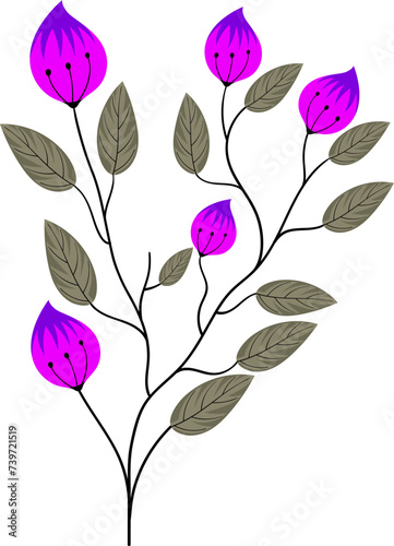 flat illustration of plant, branch of plant with dense lush purple leaves with beautiful flower buds