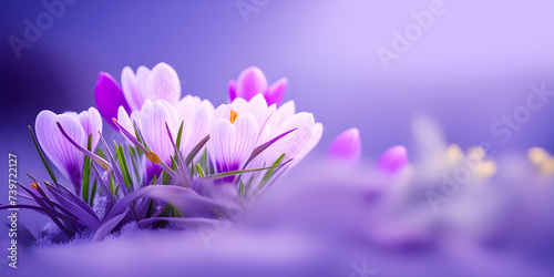 Bright crocuses in the morning light, first spring wildflowers, bokeh effect, selective focus