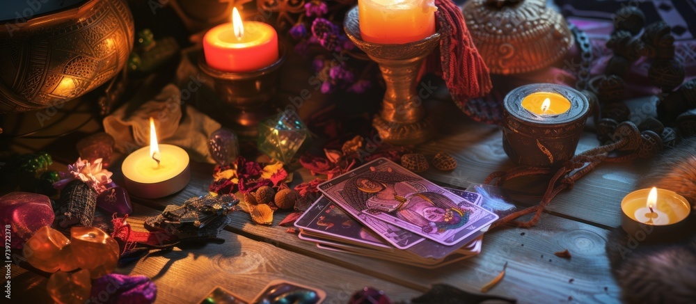 Tarot cards on fortune teller table. Future reading concept