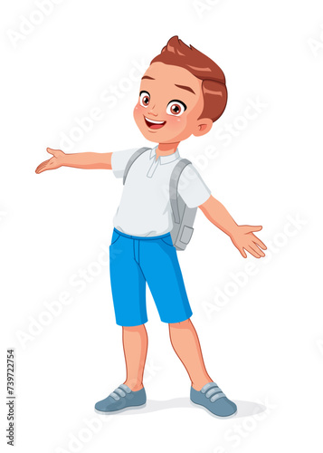Cute little school boy greeting with wide open arms. Cartoon vector illustration.
