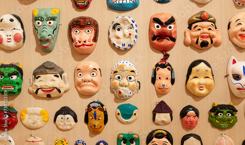 Collection of Traditional Japanese mask. Kabuki Mask on wall