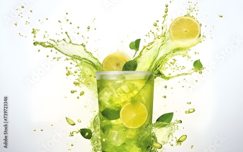 Summer drink with lemon green tea in a glass with splash isolated on white background