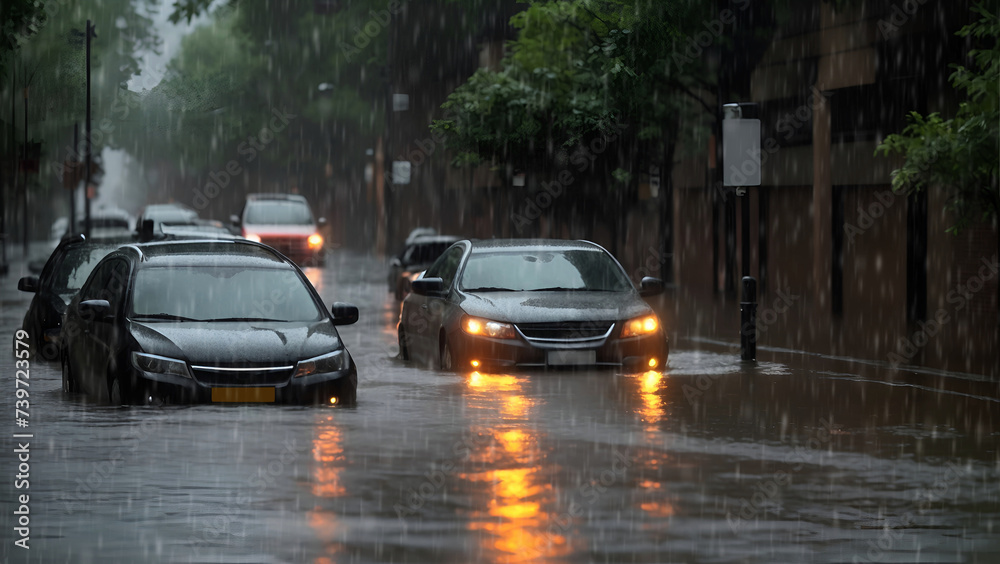 Flooded cars on the street during a rainstorm Flooded cars on the street during a rainstorm