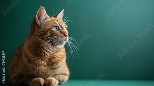 Portrait of a cute cat sitting against a clean green surface with space for text or product, Generative AI.