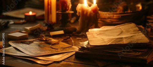 Tarot cards on fortune teller table. Future reading concept