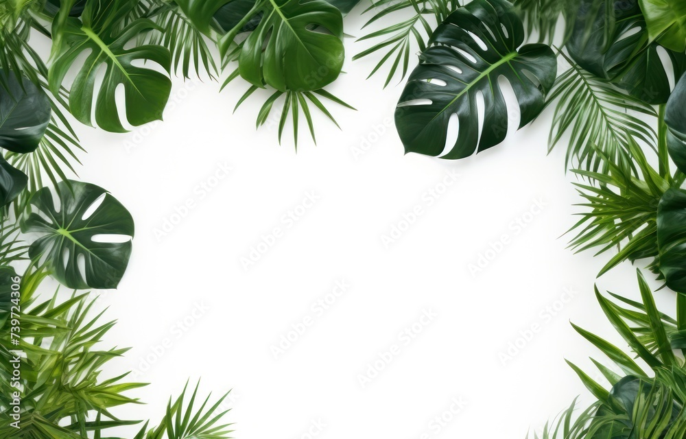 Top view of tropical leaves on a white background