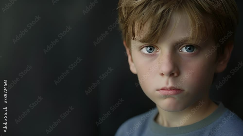 A young boy with a pained expression still reeling from the emotional scars caused by being bullied in his formative years, Close-Up of Young Boy With Blue Eyes A young boy with a pained expression still reeling from the emotional scars caused by being bullied in his formative years, Close-Up of Young Boy With Blue Eyes