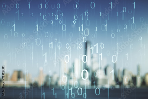Abstract virtual binary code illustration on blurry skyline background. Big data and coding concept. Multiexposure