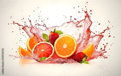 summer fruit drawing with orange and strawberry and water juice splash isolated on white background