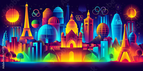 light bright saturated nona modern abstract illusstration with free space for text Embark on a visual odyssey to Paris 2024! Witness a luminous fusion of Parisian landmarks and vibrant Olympic sports  photo