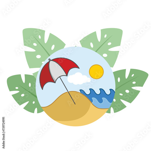 Beach flat design vector Illustration Icon decorated with leaves for web use for summer, landscape, vacation, tourism