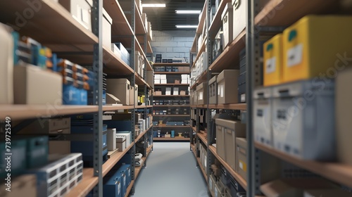 Interior of an old warehouse It Product with shelves filled with books and boxes photo