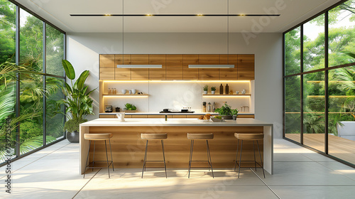 A tropical paradise in this kitchen design, the kitchen's minimalist style complements the vibrant kitchen surroundings for a serene culinary space © TEERAPONG