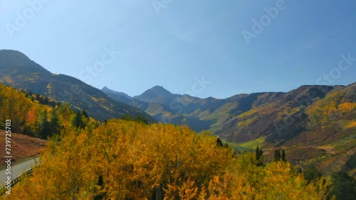 Yellow Tree forest Colorado summer fall autumn colors aerial drone cinematic Aspen Snowmass Mountain Maroon Bells Pyramid Peak beautiful stunning blue sky mid day sunny reveal upward movement photo
