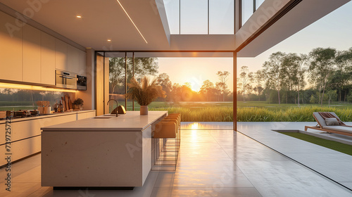 kitchen, modern architecture meets the serenity of nature  the kitchen's clean lines and spacious kitchen layout accentuate the peaceful surroundings © TEERAPONG