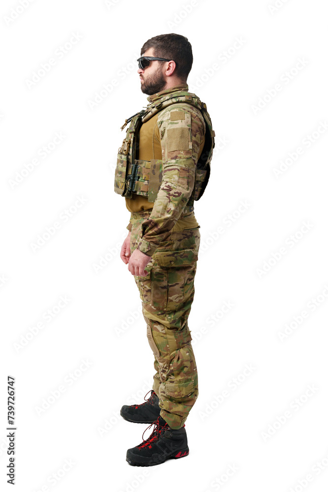 Male soldier in military ammunition isolated on white background Male soldier in military ammunition isolated on white background