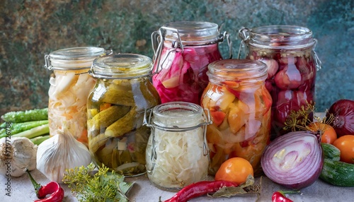 jar of pickled tomatoes wallpaper vibrant collection of assorted fermented foods displayed in clear glass jars, featuring a colorful array of textures and hues from vegetables and fruits, symbolizi