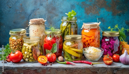 vibrant collection of assorted fermented foods displayed in clear glass jars, featuring a colorful array of textures and hues from vegetables and fruits, symbolizing healthy probiotic rich cuisine