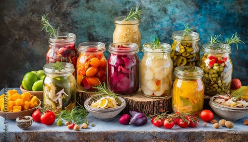 still life with vegetables and fruits wallpaper vibrant collection of assorted fermented foods displayed in clear glass jars, featuring a colorful array of textures and hues from vegetables and fruits