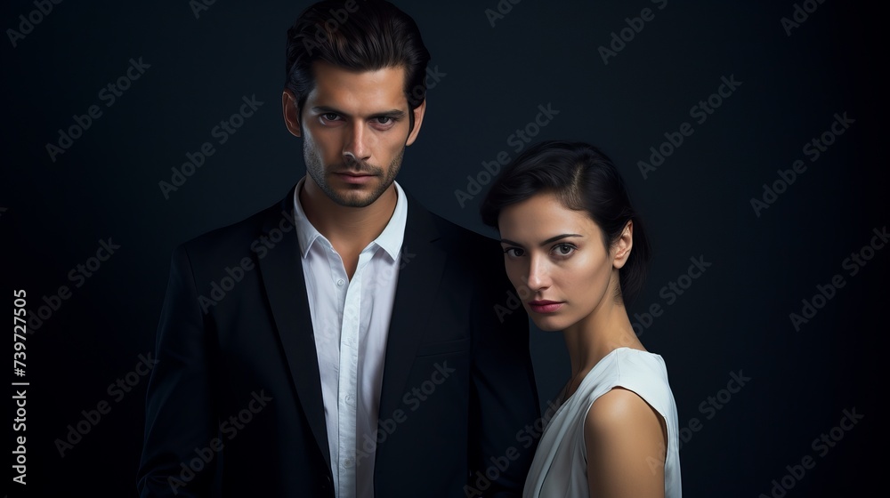Young Couple in Serious Gaze on Minimalist Studio Background - Severe Intense Reaction or Expression