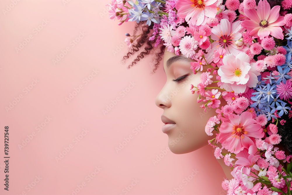 beautiful young woman with flower on head - banner for sale cosmetics