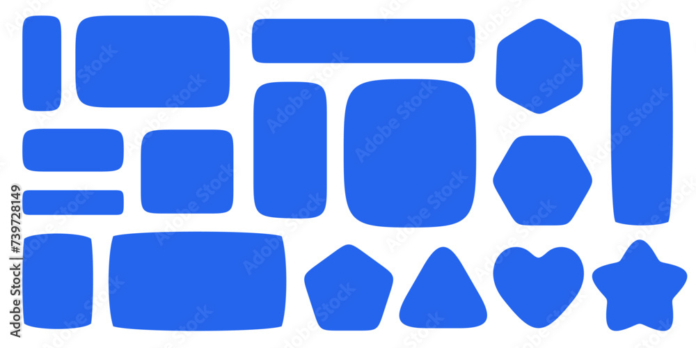 Geometric shapes set. Organic squrcle border for text. Abstract blue smooth bubbles. Doodle polygons stickers