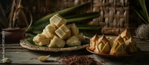 Thai dessert made from banana and coconut milk on wooden background