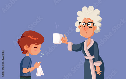 Vector Grandma Offers Natural Tea Remedy to her Sick Grandchild. Concerned granny trying to cure the influenza symptoms with homeopathic remedies 

