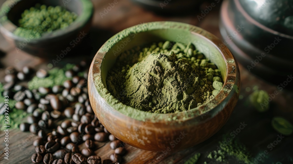 Green coffee setup. Generative AI Green coffee setup. Generative AI
