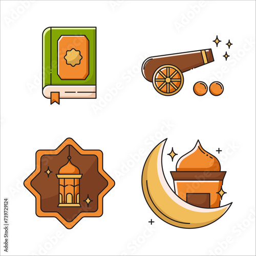 Ramadan Icon Set  Style Line Color Objects Al quran, Cannon, lantren and mosquet. Vector illustrations set	 photo