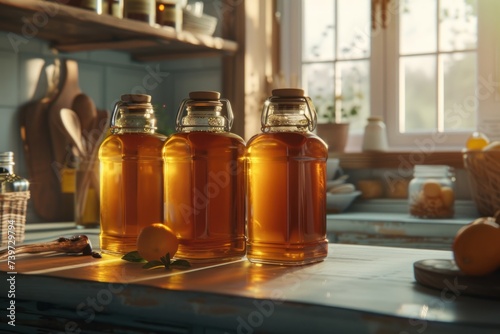 Honey bottles containes on kitchen.