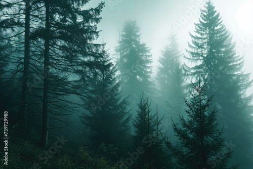 Foggy forest with trees and fog. Generative AI. © Nikolay