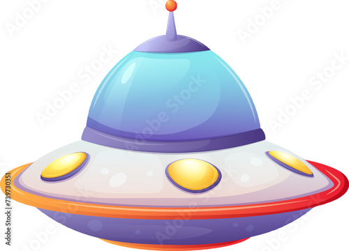 UFO flying saucer on white background. Cartoon vector illustration for children on the theme of space, astronautics, aliens