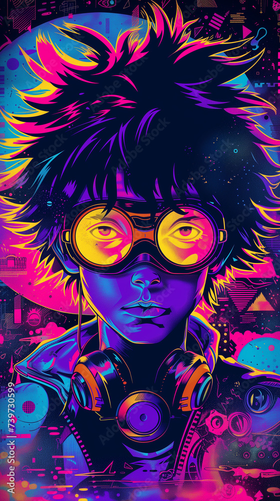 Psychedelic illustration of a young boy wearing goggles or glasses