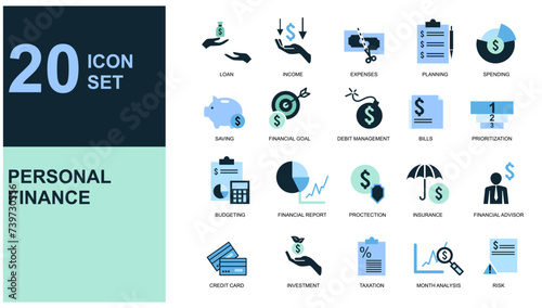 personal Finance icon set. loan, cash, saving, financial goal, profit, budget, mutual fund, earning  money, bank, check, law, auction, exchance, payment, wallet, deposit, piggy, calculator, web 