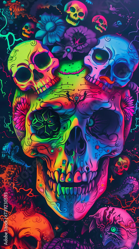 Psychedelic illustration of skulls