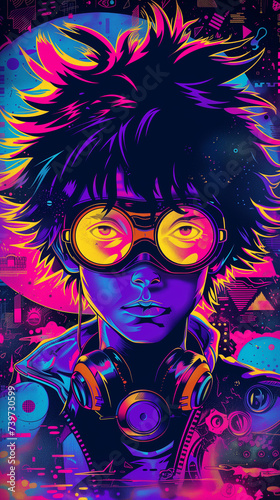 Psychedelic illustration of a young boy wearing goggles or glasses