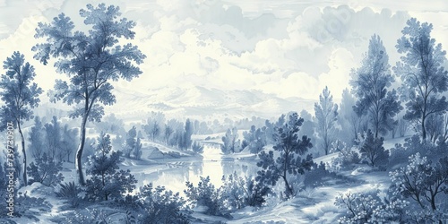 This antique blue toile wallpaper features serene pastoral scenes, reflecting classic French elegance.