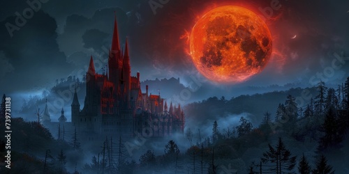 A blood moon looms over a haunted castle in this wallpaper  casting a sinister glow on the foreboding architecture.