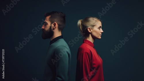 Two Individuals in Contrasting Attire, Standing Back to Back on Minimalist Background - Looking Away